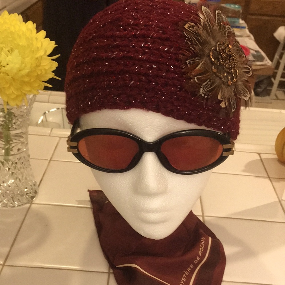 Burgundy Metallic Knit Wide Headband/Hat with Feather & Beaded Accent - Picture 3 of 10